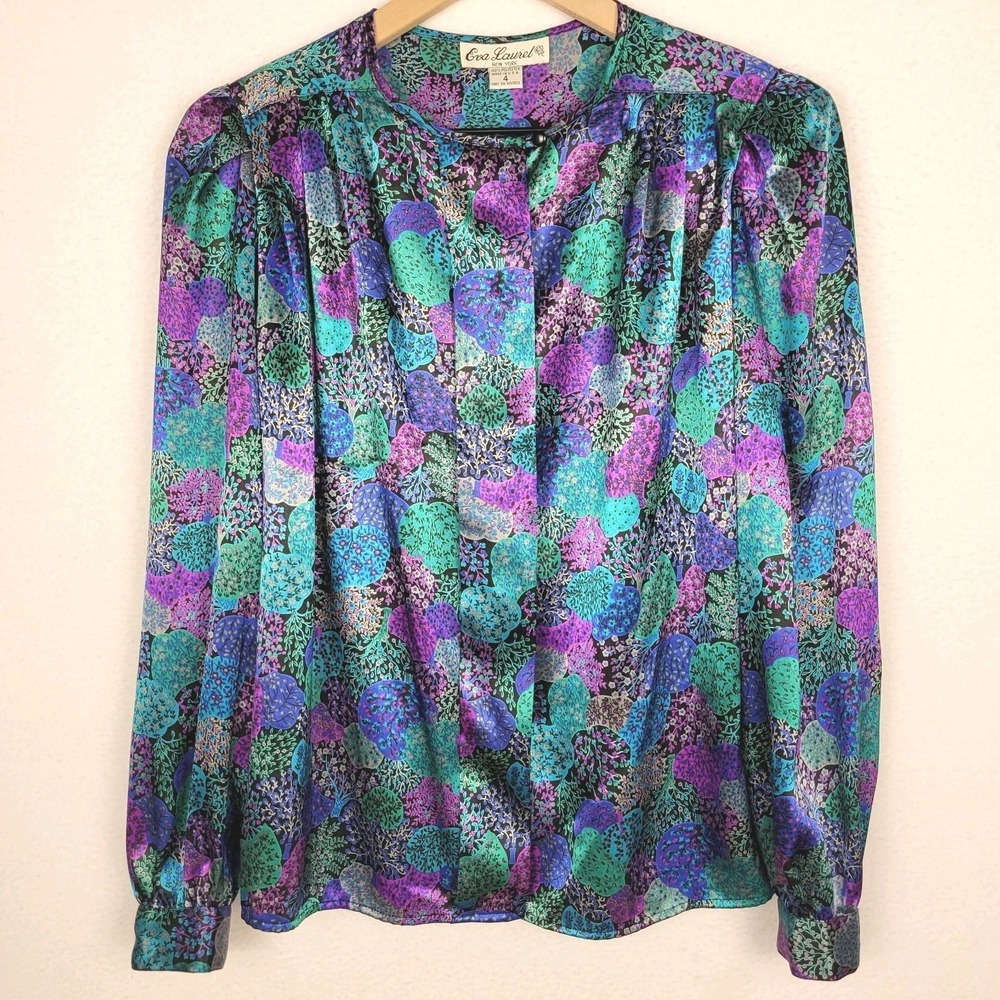90s‎ Eva Laurel Abstract Floral Blouse Womens M Colorful Indie Artsy Retro USA